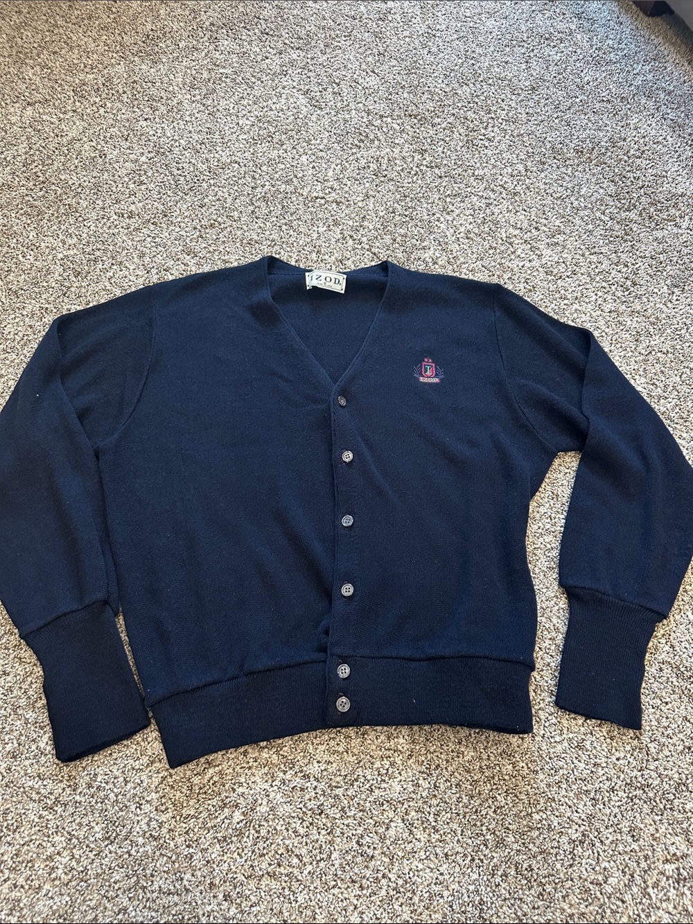 Vintage IZOD Cardigan Made in USA Navy Preppy Crest Button Front Sweater